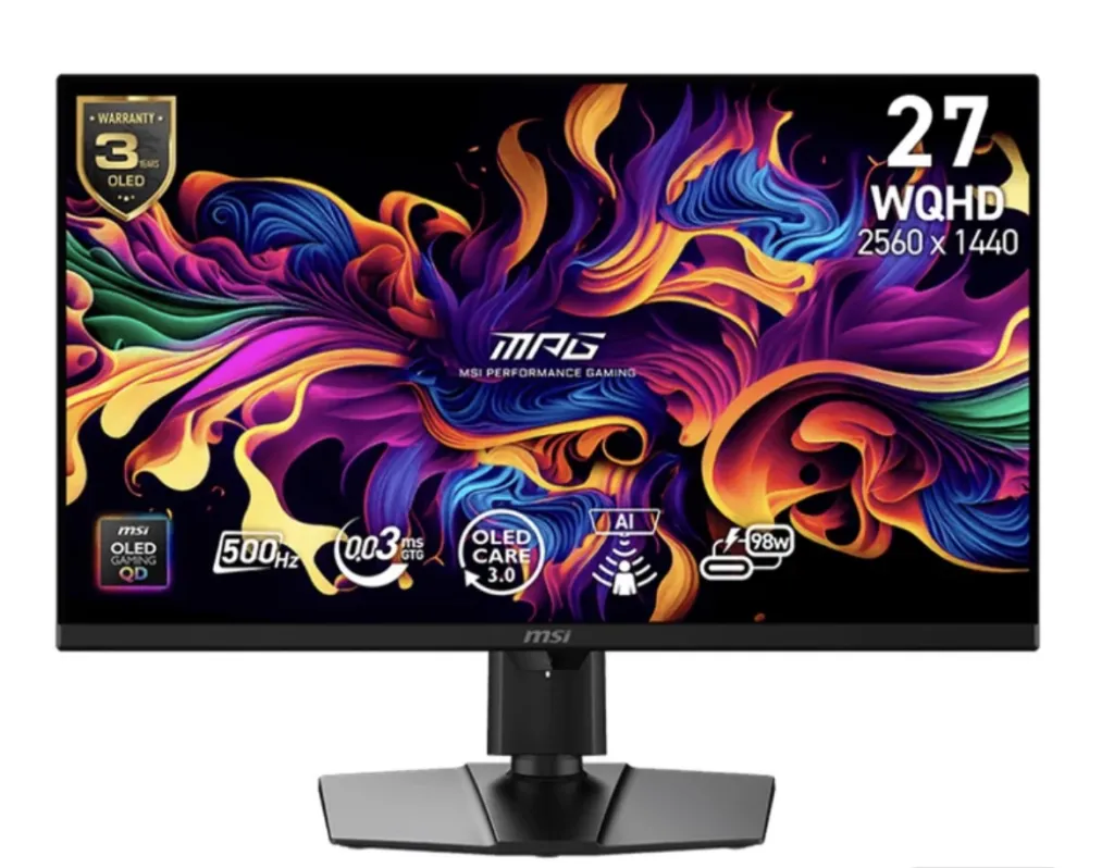 MSI MPG 271QR QD-OLED X50 26.5-Inch WQHD 500Hz QD-OLED Gaming Monitor (0.03ms GtG, VESA DisplayHDR True Black 500, 99% DCI-P3) — DisplayPort 2.1a UHBR20, Dual HDMI 2.1, USB-C 98W PD, KVM Switch, OLED Care 3.0 | BLACK