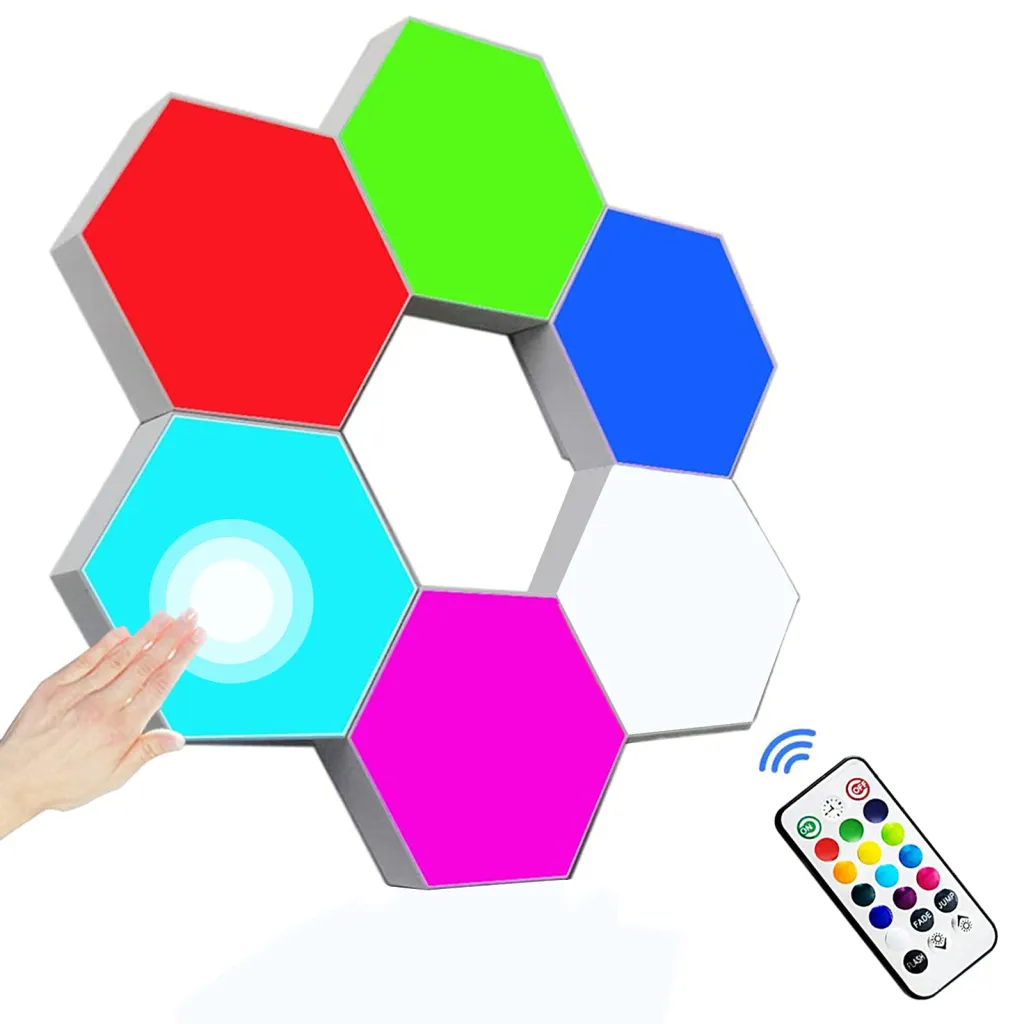 Hexagon RGB LED Light Panels – 6-Piece DIY Gaming Room Wall Decoration | RGBIC, 16 Million Colors, 200+ Modes, Music Sync, App & Remote Control, USB 5V 2A